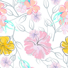 Pink Flowers Blooming Pattern. Pastel Watercolor.