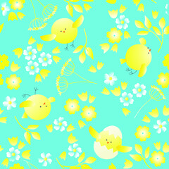Fototapeta na wymiar Vector illustration, seamless pattern with chicks and flowers, in yellow blue colors on a blue background