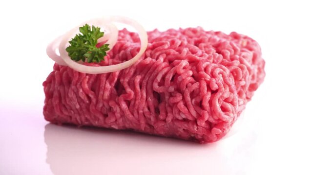 Fresh Minced Beef with Onions turn around animation - Meat on a turntable isolated on white background