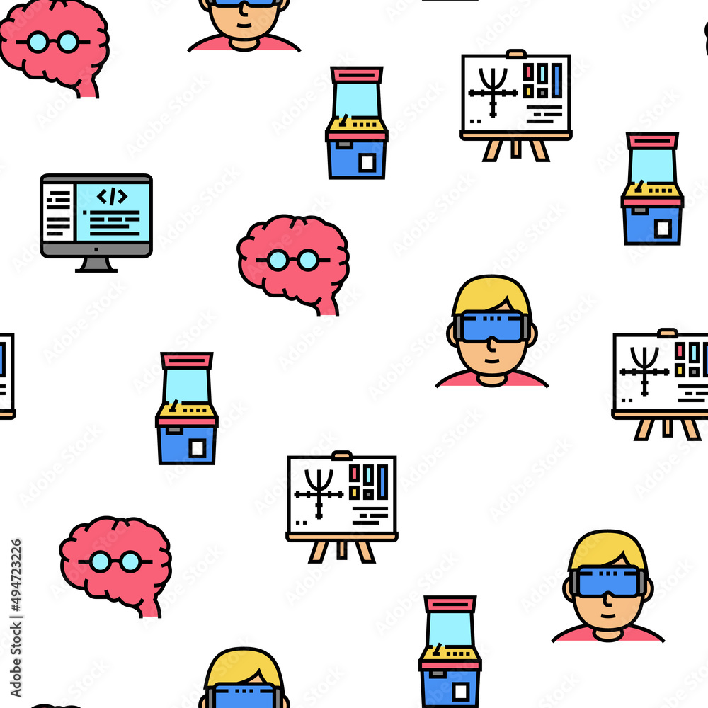 Poster geek, nerd and gamer vector seamless pattern thin line illustration