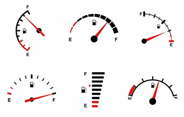 Fuel indicator for gas, petrol, gasoline, diesel level count. Set of fuel gauge scales icons. Car gauge for measuring fuel consumption and control gas tank fullness. Performance measurement. Vector