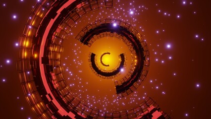 3D Rendering. Flight in abstract sci-fi tunnel. Futuristic motion graphics, high tech background. Time warp portal, lightspeed hyperspace concept. Glowing hi tech texture. Cyberpunk