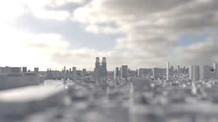 Paris as a white 3D model. City silhouette with Notre-Dame against the light and a few clouds.