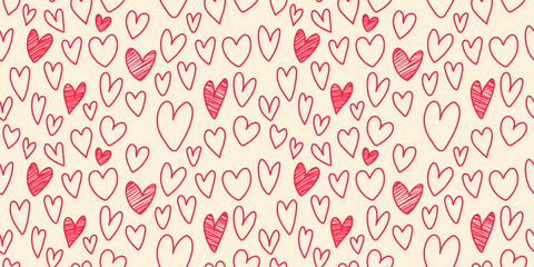 Seamless pattern with doodle hearts free hand line. Seamless background for wrapping paper, fabric, scrapbook print