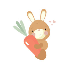 Cute Rabbit with carrot. Cartoon style. Vector illustration. For kids stuff, card, posters, banners, children books, printing on the pack, printing on clothes, fabric, wallpaper, textile or dishes.