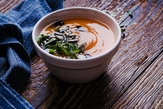 Pumpkin soup with coconut milk, vegan plant based meal
