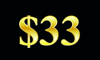 $33 gold dollar. Symbol price and promotional offer. product price tag
