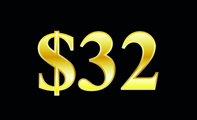 $32 gold dollar. Symbol price and promotional offer. product price tag