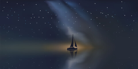 Horizontal vector background with sailing boat at night in the ocean and stars