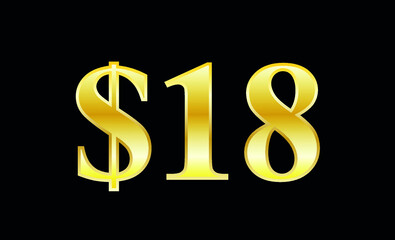 $18 gold dollar. Symbol price and promotional offer. product price tag