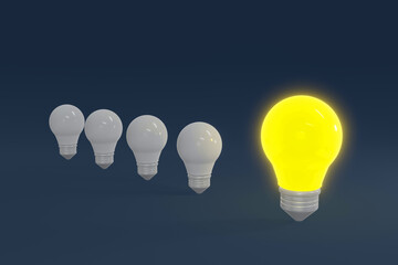 Yellow light bulb outstanding other lightbulb group. Concept of business creative idea and innovation 3D render illustration