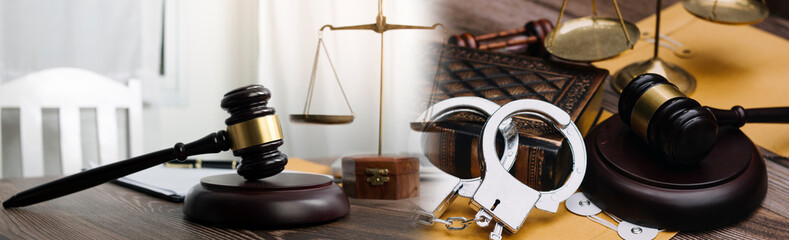 Male lawyer working with contract papers and wooden gavel on tabel in courtroom. justice and law ,attorney, court judge, concept.