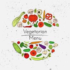 Vector grunge background with vegetables set and place for text. Sketch colorful doodle meal in circle frame organic drawing illustration for vegetarian restaurant menu or recipe or package.