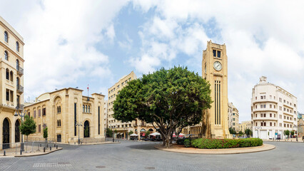 Naklejka premium Nejmeh square in downtown Beirut with the iconic clock tower and the Lebanese parliament building, Beirut, Lebanon
