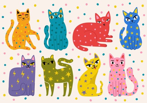 Vector illustration collection with trendy colored cats. Cute print designs, domestic animal set with abstract elements