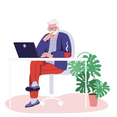 Senior gray-haired man sitting with a laptop at the table. The concept of using modern technologies by the elderly, pensioners. Remote work from home, retraining, e-learning. vector illustration