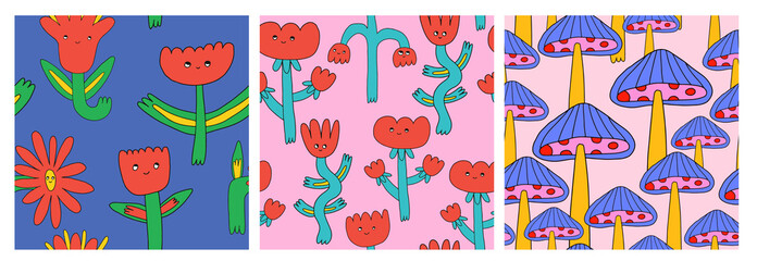 collection of vector interior seamless patterns in hippie style.70s and 60s funky and groove textile ornaments.Psychedelic patterns with flowers, mushrooms.Vintage 70s and 80s faded square posters.