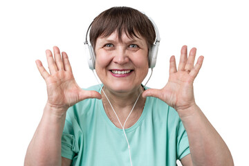 Elderly woman listens to music with headphones.