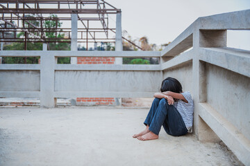 Children are forced to work in the construction area. Human rights concepts, stopping child abuse,...