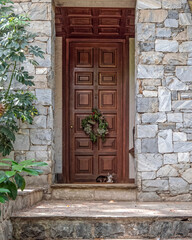 Fototapeta na wymiar A contemporary house entrance with a wreath on the natural brown wood door and a young cat, Athens, Greece