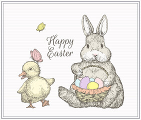 Hand Drawn Cute Easter Greetings Card Bunny Duckling and Butterfly Vector Illustration. Little Rabbit holding Basket Full of Eggs Abstract Sketch. Spring Holiday Engraving Style Drawing Isolated