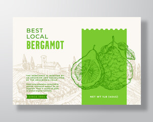 Bergamot Food Label Template. Abstract Vector Packaging Design Layout. Modern Typography Banner with Hand Drawn Fruits and Rural Landscape Background Isolated