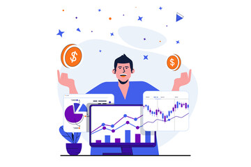 Stock market modern flat concept for web banner design. Successful trader earns money on profitable trades, analyzes financial data and statistics. Illustration with isolated people scene