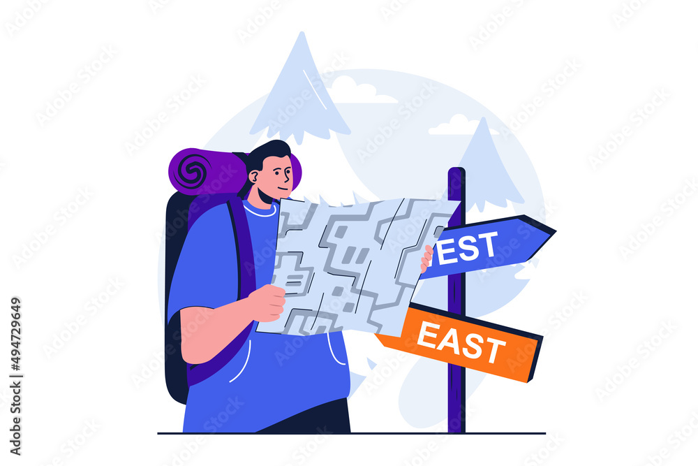 Poster traveling modern flat concept for web banner design. man tourist with backpack looking at map and ch