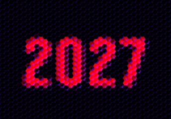 Sign of the year 2027 with hex pixel grid. New Years number or digits for holiday eve celebration card or calendar.