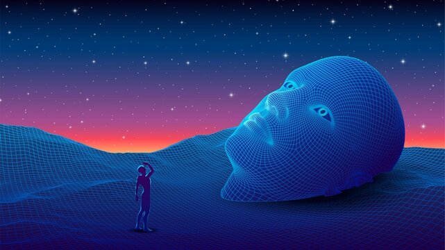 Dramatic sci-fi or esoteric scene with a human looking up near the giant statue head. Synthwave or vaporwave spiritual concept in 80s style