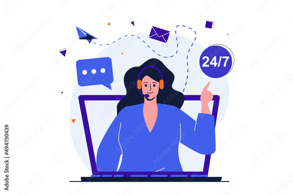 Leinwandbilder virtual assistant modern flat concept for web banner design. woman in headset answers emails and hel