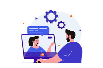 Video chatting modern flat concept for web banner design. Man listening woman via video communication and looks at computer screen. Online communication. Illustration with isolated people scene - obrazy, fototapety, plakaty