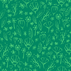 Floral seamless pattern. Hand drawn flowers and leaves on green background. Vector illustration.