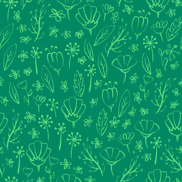 Floral seamless pattern. Hand drawn flowers and leaves on green background. Vector illustration.