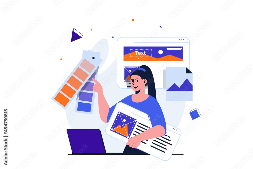 Aufkleber web designer modern flat concept for web banner design. woman draws graphic element, selects colors 