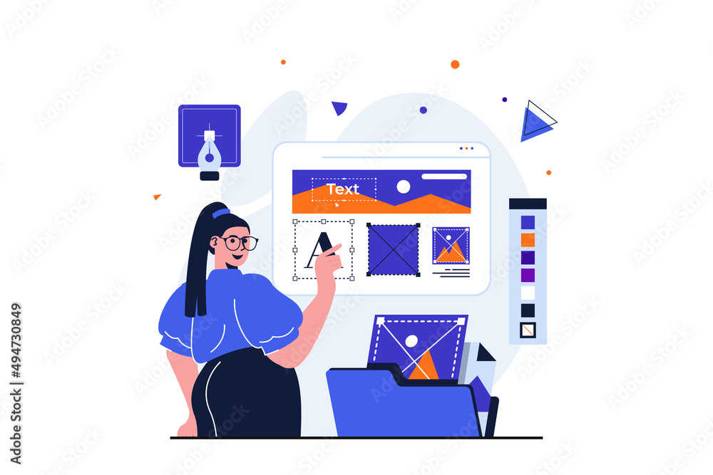 Poster Web designer modern flat concept for web banner design. Woman creates and optimizes layout using images, places blocks on site, works with drawing tools. Illustration with isolated people scene