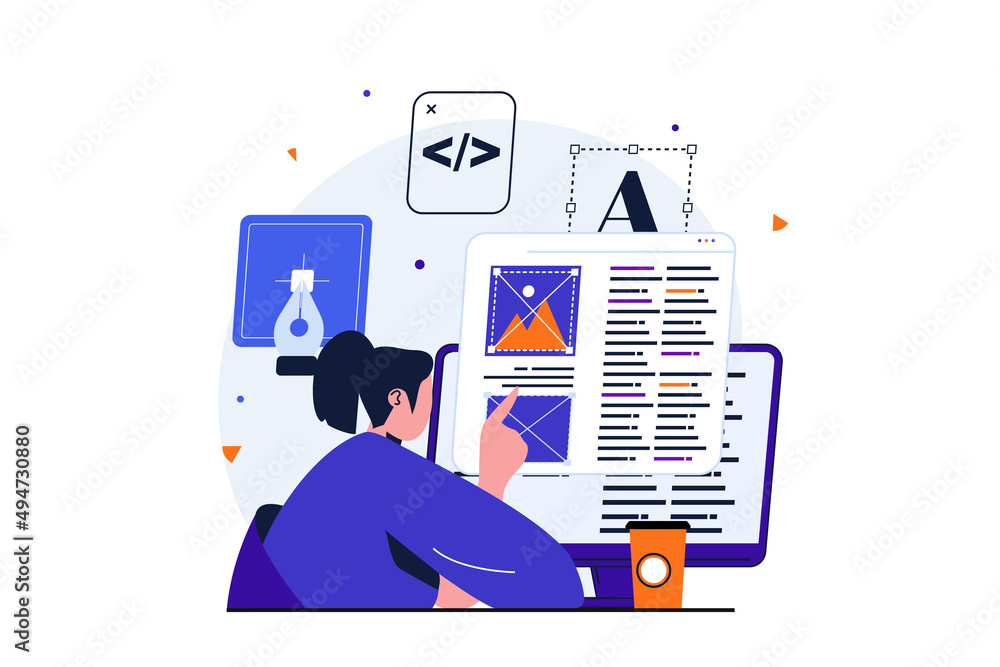 Poster Web designer modern flat concept for web banner design. Woman creates and optimizes code and scripts, places blocks with graphic content on site layout. Illustration with isolated people scene