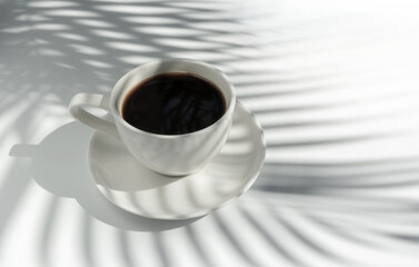 Hot coffee (espresso coffee) on white background with palm leaves shadow. White on white and minimalist style.