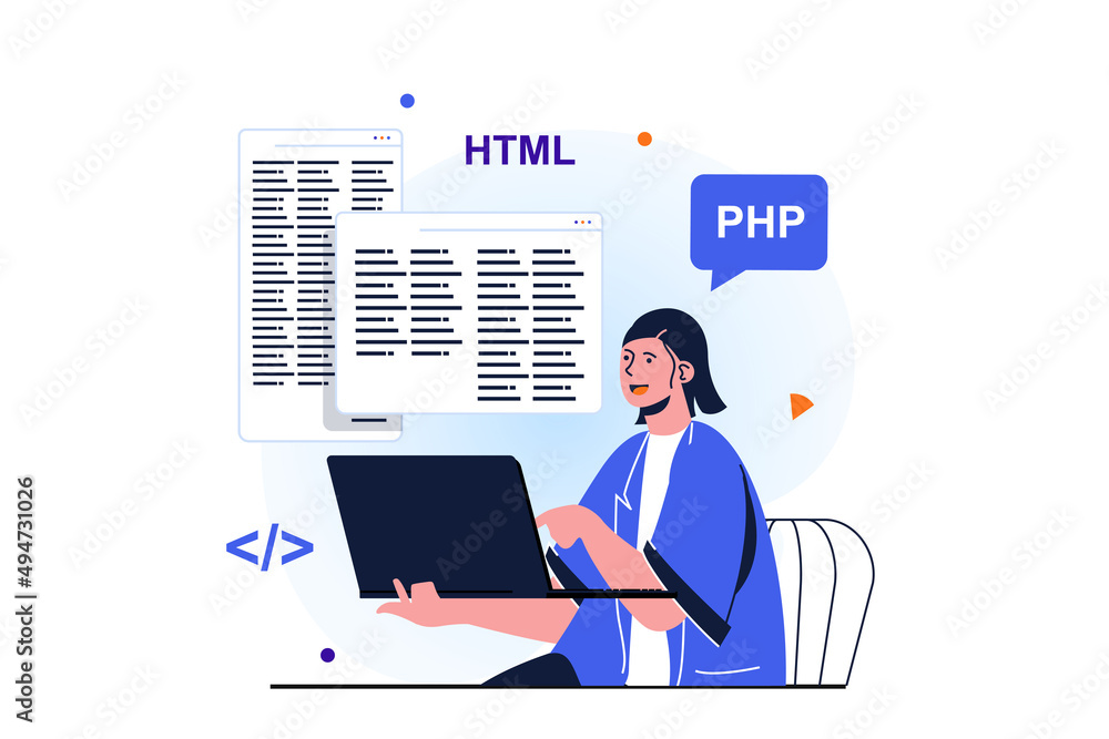 Wall mural women working modern flat concept for web banner design. woman works as programmer, develops program