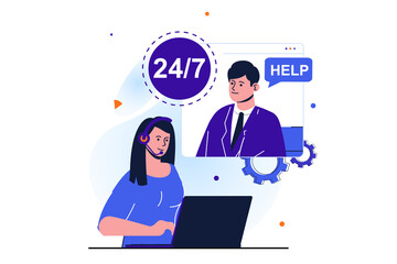 Women working modern flat concept for web banner design. Woman works in call center, consults with client and answers calls around the clock at helpdesk. Illustration with isolated people scene - obrazy, fototapety, plakaty