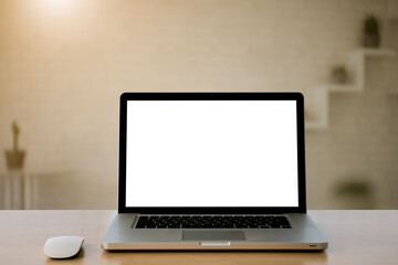 Fototapeta premium laptop with screen on wooden top table. 