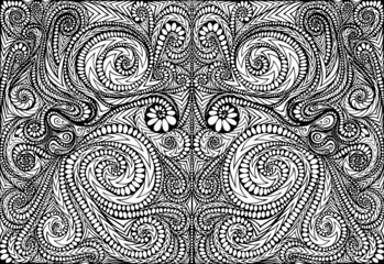 Coloring page abstract pattern, maze of ornaments. Psychedelic stylish card. Vector illustration. Antistress psychedelic tribal background. Black and white symmetrical element