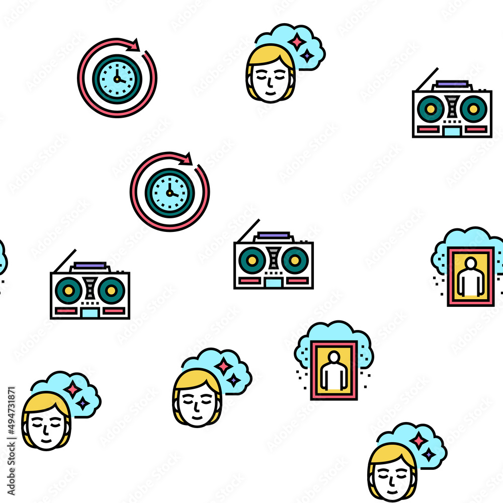 Poster nostalgia and memory vector seamless pattern thin line illustration