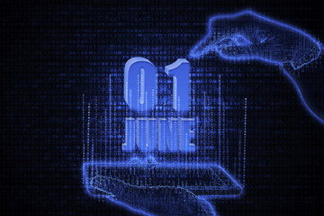 June 1st. A hand holding a phone with a calendar date on a futuristic neon blue background. Day 1 of month.