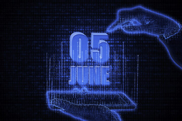 June 5th. A hand holding a phone with a calendar date on a futuristic neon blue background. Day 5 of month.