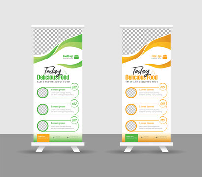 Modern food rollup banner design for restaurant. Vertical, roll-up template, food roll up banner design template, Editable template illustration