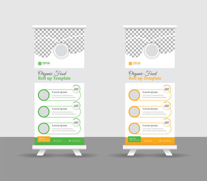Modern food rollup banner design for restaurant. Vertical, roll-up template, food roll up banner design template, Editable template illustration