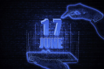 June 17th. A hand holding a phone with a calendar date on a futuristic neon blue background. Day 17 of month.