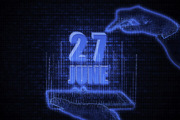 June 27th. A hand holding a phone with a calendar date on a futuristic neon blue background. Day 27 of month.