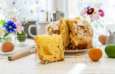 Easter concept with Italian easter cake Colomba, coloured eggs, spring flowers and rabbits